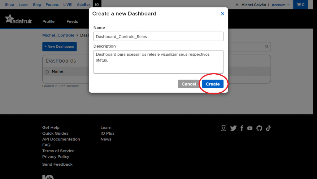 Preencha as informações solicitadas e clique em Create