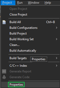 menu Properties selecionado na aba Project