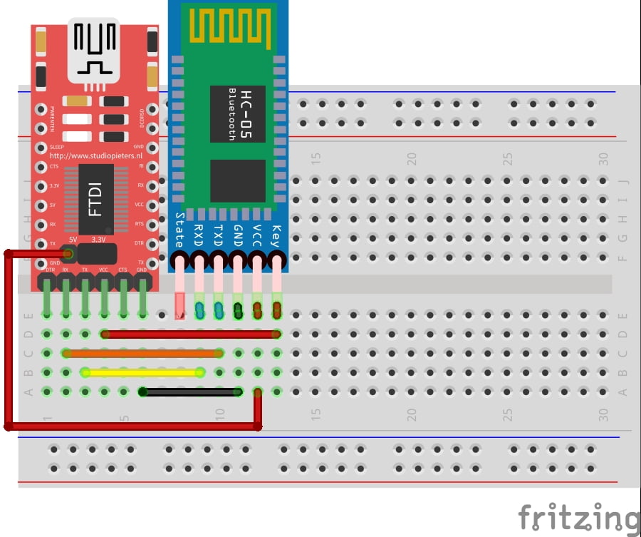Conexões do circuito de configuração dos módulos bluetooth. A única adição em relação ao circuito receptor é uma conexão entre o pino Vcc do conversor USB-UART e o pino EN do módulo bluetooth.