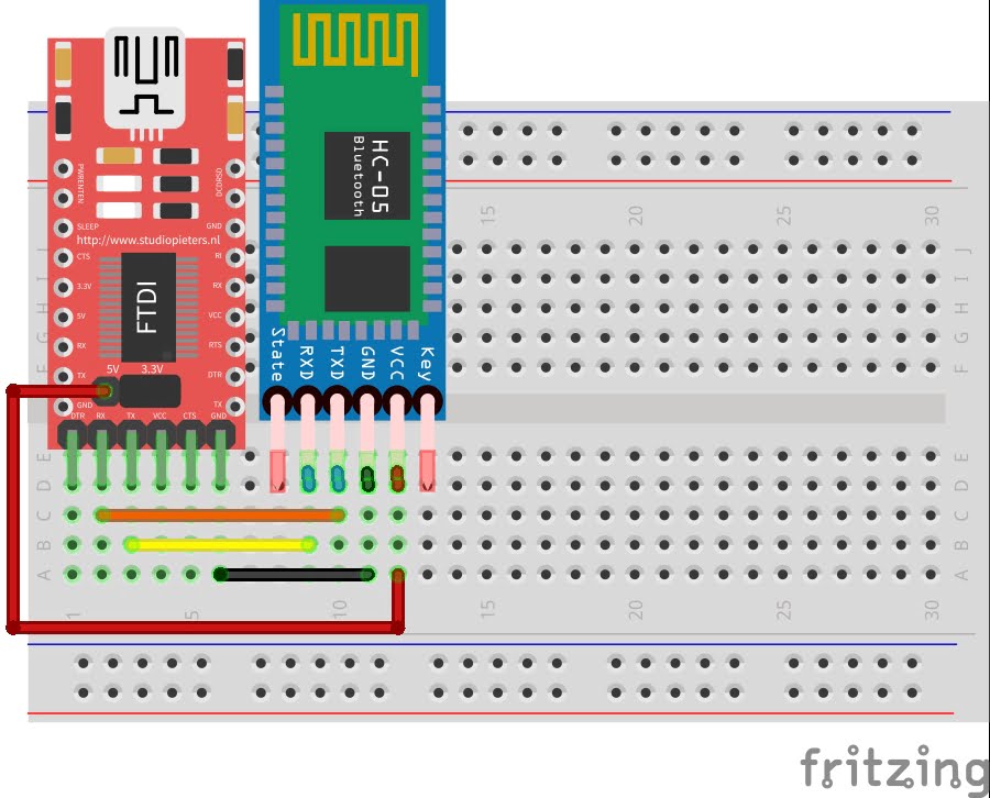 Conexões do circuito receptor. São feitas as conexões básicas entre o conversor USB-UART e o módulo bluetooth.