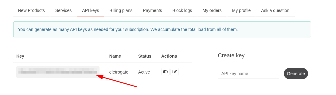 depois de clicar nas keys, painel mostrando a key da API que o user deve copiar.