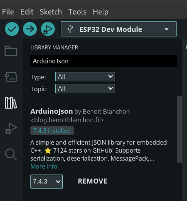 como install biblioteca ArduinoJson, imagem da lib no campo de busca das LIbs na IDE do arduino