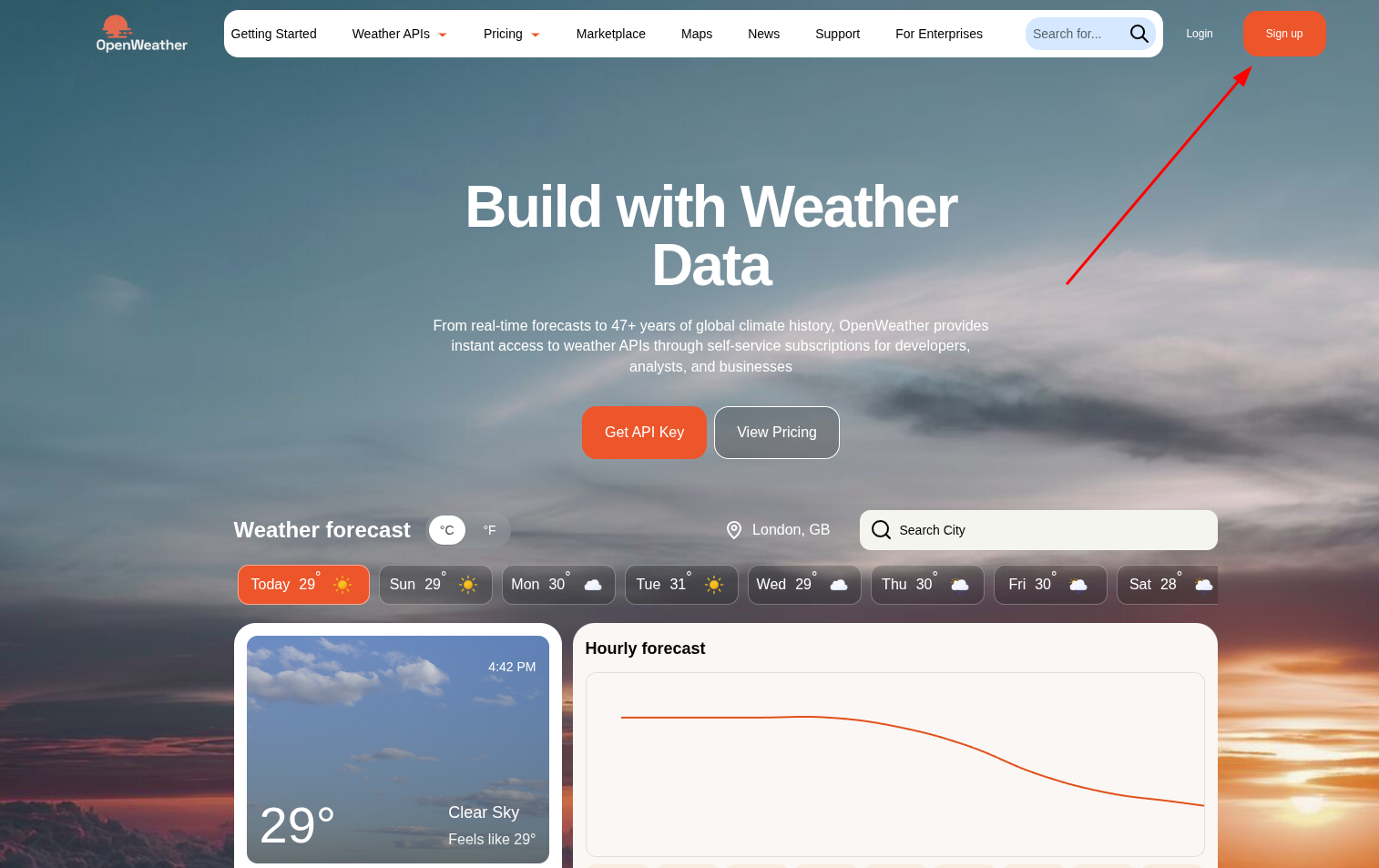 home page do site OpenWeatherMap com seta para o botão de criação de conta.